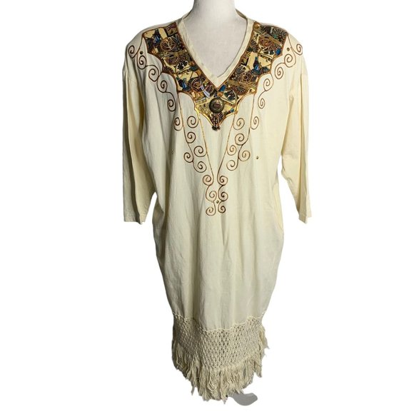 Vintage 90s Hand Painted T Shirt Dress M Cream Crochet Knit Fringe Pockets - Picture 1 of 10
